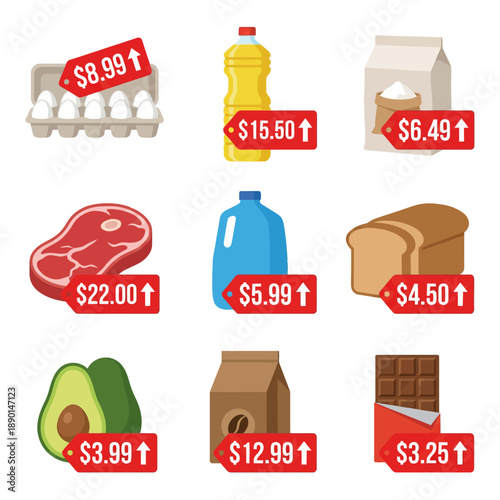 Grocery food items with rising price tags vector illustration