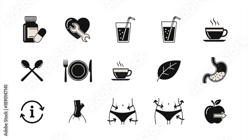 Healthy Lifestyle Icons Representing Nutrition, Fitness, and Wellness