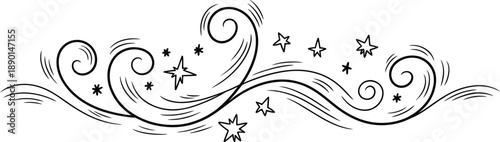 Ethereal black ink swirls and stars, magical whimsical fantasy decorative element for design.