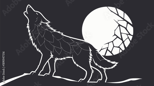 Black wolf howls at shattered moon formed from glass fragments symbolizing freedom and resilience in darkness