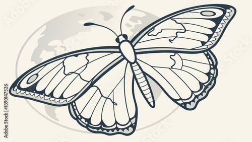 Butterfly with world map wings against a moon background symbolizing global travel and environmental conservation