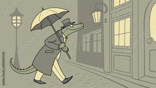 A crocodile in victorian attire walks under an umbrella on a rainy city street at night