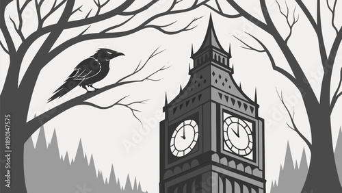 Crow perched on broken clock tower with bare trees symbolizing time and decay in a monochromatic landscape