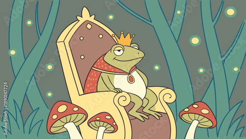 Regal frog king sitting on mushroom throne in whimsical forest at night with fireflies