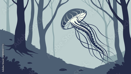 A jellyfish drifts through a dark mystical forest with bare trees and a serene atmosphere conveying a sense of wonder and eerie beauty