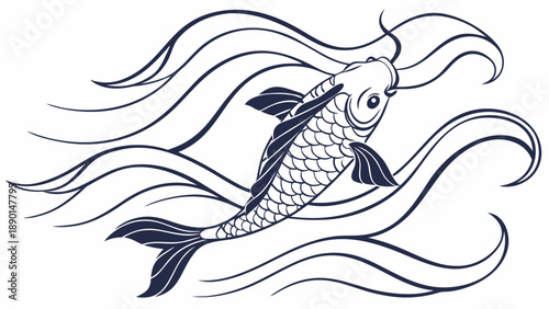 Koi fish swimming through flowing ink brush strokes on white background with wavy lines