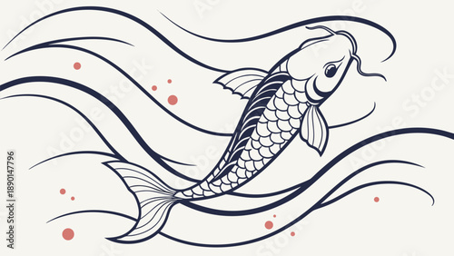 Koi fish swimming through flowing ink brush strokes on white background with red dots