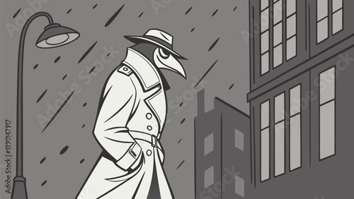 A penguin detective in a trench coat and fedora walks alone on a rainy city street at night with a streetlamp