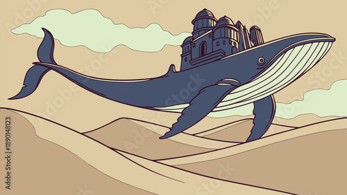 A large blue whale floats through a desert sky carrying a city on its back with sandy dunes below