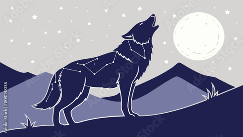 A wolf howls under a starry night sky with a full moon its breath turning into constellations set against a mountainous landscape
