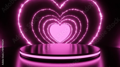Abstract Neon Heart Tunnel with Stage and Glowing Pink Lights.