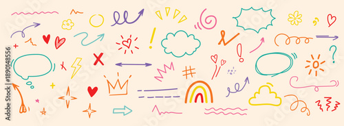 Hand drawn marker doodle element set with arrows, hearts, crowns, stars, underline strokes and colorful scribble shapes for playful design accents and sketch style icons stock illustration