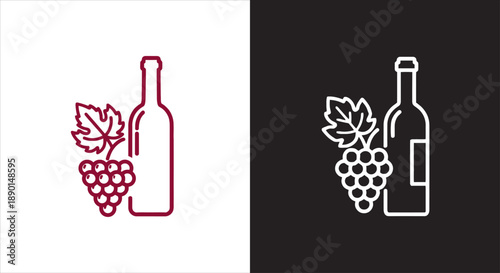 Wine bottle and grapes icon, set of two, red and white line art