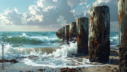 Waves crash against weathered wooden pillars on a sandy beach under a cloudy, partly sunny sky