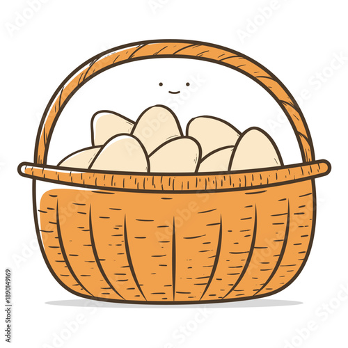 Cute Kawaii Egg Basket Vector Pastel Colored Flat Style Farm Illustration, Hand Drawn Cartoon Basket of Eggs Icon for Fresh Food, Kids Design, Agriculture, Breakfast, and Cute Nature Theme