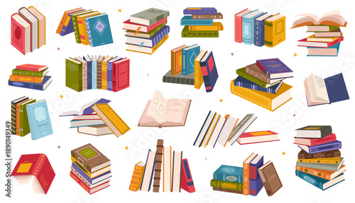 Colorful book collection set with multiple stacks and piles of books, open and closed. Education and learning theme, scientific or fiction literature. Vector illustration isolated on white background.