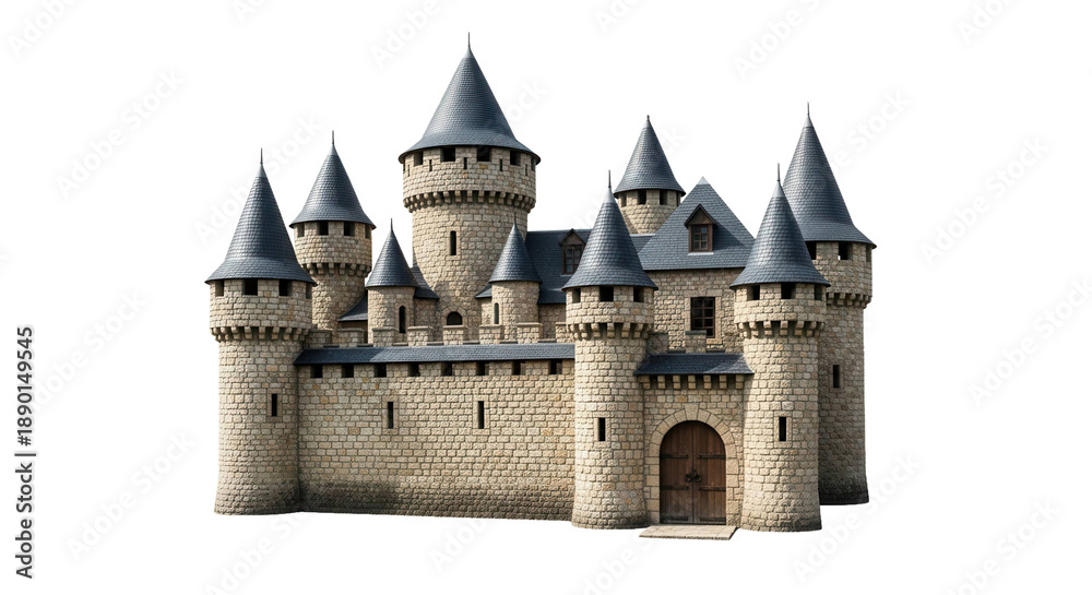 Fototapeta premium Medieval stone castle with many towers and a wooden gate stands, cut out, stock png, isolated on transparent background