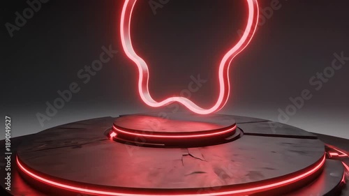 Abstract 3D Render of a Neon Tooth Icon on a Futuristic Rotating Pedestal with Red Lighting.