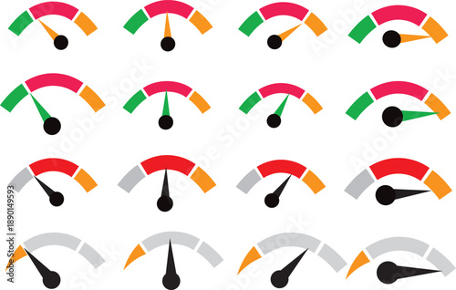 Speedometer and gauge meter icon set. Modern performance and speed symbols. Vector dashboard and measurement interface elements