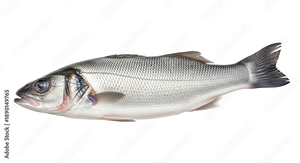 Obraz premium Uncooked fresh whole sea bass fish displayed, cut out, stock png, isolated on transparent background