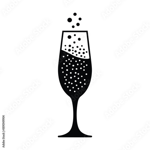 A black and white illustration of a champagne flute filled with bubbles