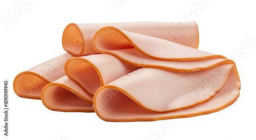 Freshly rolled slices of deli turkey ham meat for sandwich, cut out, stock png, isolated on transparent background