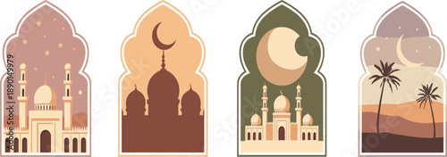Islamic mosque architecture window scenes vector collection, decorative desert landscapes for Ramadan and Eid festival celebration