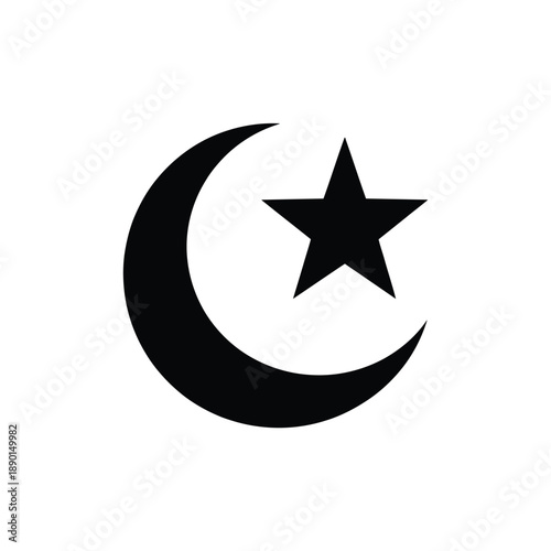 A black crescent moon and star symbol representing islam and spirituality