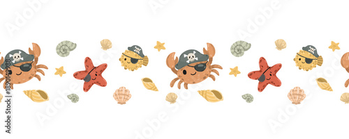Funny pirate crab and puffer fish seamless border. Cute marine pattern with starfish and sea shells for nursery design