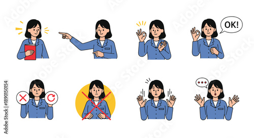 Professional woman in a blue business suit demonstrates various hand signals and facial expressions for communication concepts.