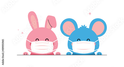 Adorable pink rabbit and blue mouse wearing white medical masks to promote health and safety in a cute cartoon character style.
