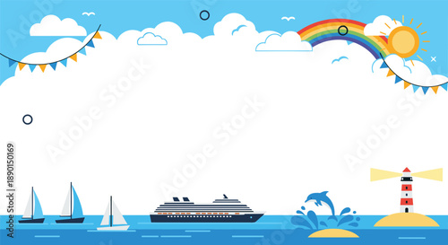 Summer vacation ocean landscape with cruise ships, sailboats, a dolphin, a lighthouse, a rainbow, and festive party decorations.