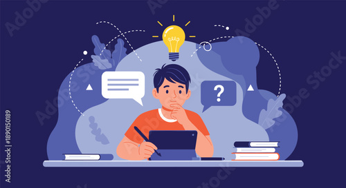 Creative young boy works on a digital tablet with a bright lightbulb idea above him, surrounded by books and abstract shapes.