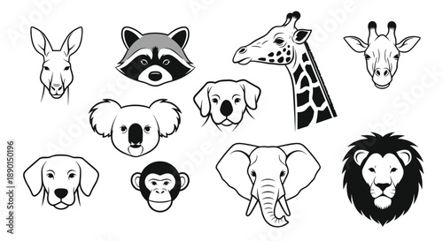 Collection of animal head portraits in black and white line art style including lion, elephant, giraffe, raccoon, and more species.