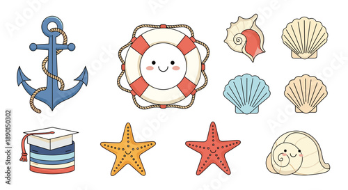 Set of nautical and beach themed items featuring a blue anchor, a smiling lifebuoy, colorful shells, and cheerful orange starfish.