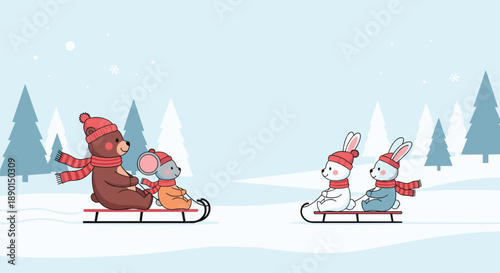 Group of cute animals including a bear, mouse, and two rabbits having fun riding wooden sleds on a snowy winter day in the woods.
