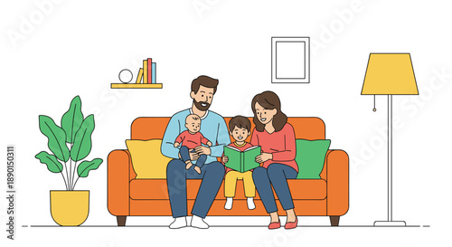 Happy family with a father, mother, young son, and baby sitting together on an orange sofa reading a green storybook at home.