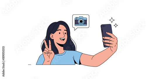 Young woman smiling and making a peace sign while taking a selfie with her black smartphone against a plain white background.