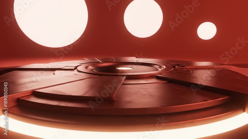 Abstract 3D Rendered Animation of Rotating Platform with Glowing Spheres in a Red Environment.