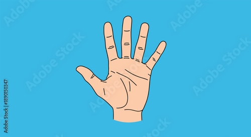 Simple illustration of an open human hand with fingers spread apart against a solid bright blue background for communication.