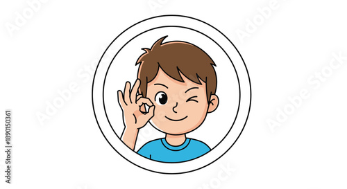 Happy young boy making an okay hand gesture and winking within a circular frame on a plain white background for social media.