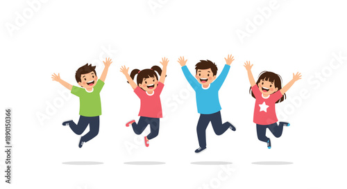 Group of four happy children including boys and girls jumping high in the air with their hands up in joy on a white background.