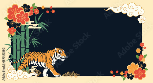 Powerful tiger walking through an oriental themed frame decorated with green bamboo, red plum blossoms, and golden stylized clouds.