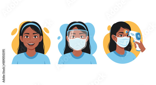 Set of three illustrations of a woman demonstrating health protocols like wearing a mask, face shield, and checking temperature.