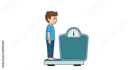 Young boy in a light blue shirt standing on a large scale to measure his weight shown from a side profile view on a platform.