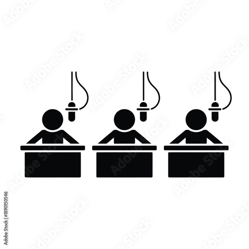 Simple black icon depicting three people seated at desks with microphones