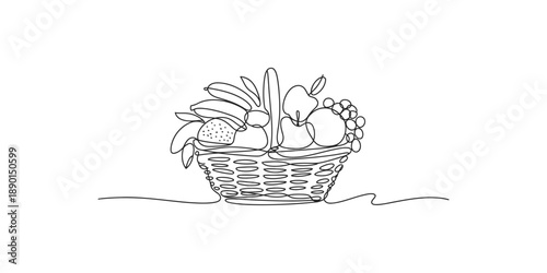 One continuous line drawing of a full fruit basket with various fresh fruits