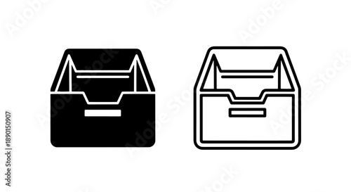 Filing cabinet drawer icon set, solid black and outline for organization