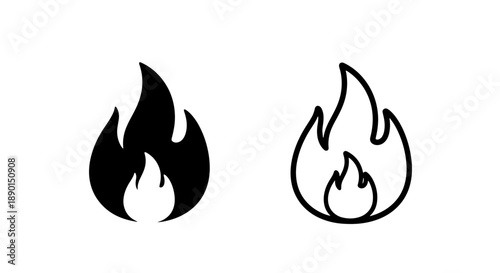 Flame icon set, solid black and outline versions representing fire and heat