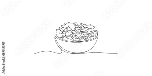 A single continuous line drawing capturing a fresh and healthy salad in a bowl